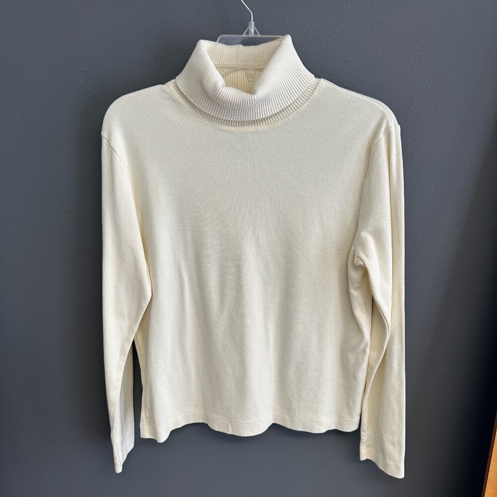 Hannah Stretch Womens‎ Large Ribbed Turtleneck Cream Minimalist Top Long Sleeve